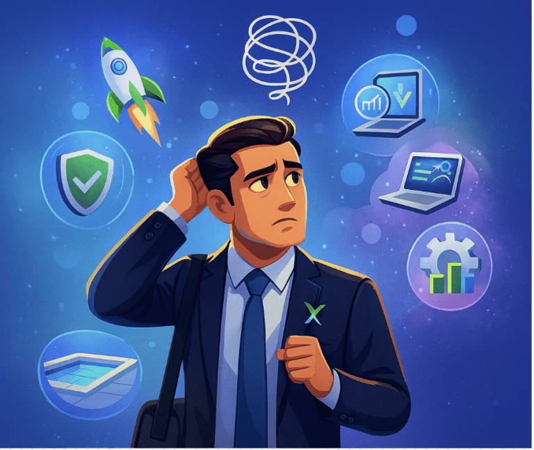 A man in a suit looks confused, surrounded by icons of a rocket, shield, charts, gear, and a tangled line, representing uncertainty in business decisions.